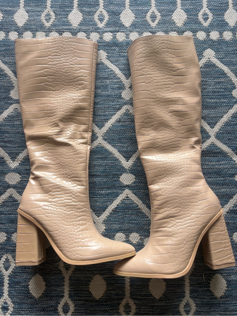 Lulu's Croc-Embossed Knee-High Heeled Boots in Beige